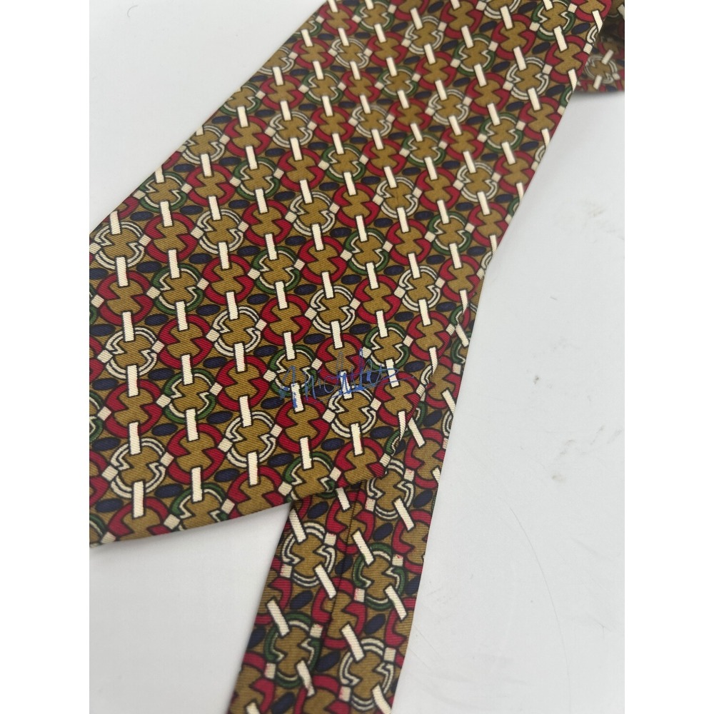 Asiana Airlines Mens Silk Necktie Gold Red Navy Geometric Chain Link Pattern